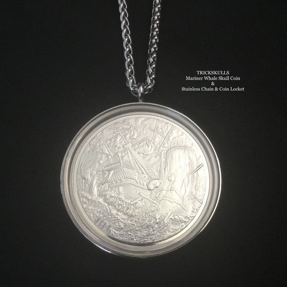 Mariner Whale Skull Moby Dick Ship Coin & Stainless Wheat Link Chain and Locket - Picture 1 of 8